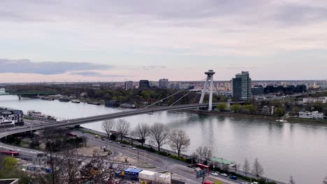 SNP,-UFO-or-New-Bridge-in-Bratislava,-Slovakia,-panoramic-view-of-normal-life-in-capital-city