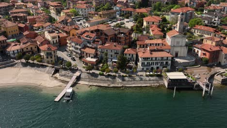 Establishing-Aerial-Drone-Shot-of-lake-Lago-Maggiore-on-a-Sunny-Day