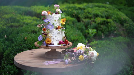 Trendiges-Weißes-Hochzeitstortendesign-Mit-Bunten-Blumen-Und-Einem-Passenden-Blumenstrauß-Im-Garten