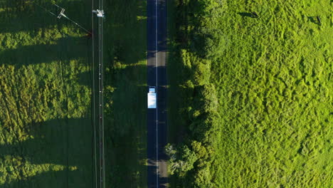 Top-Down-Aerial-Drone-Tracking-White-Truck-Driving-On-Road-In-Green-Rural-Countryside,-4K