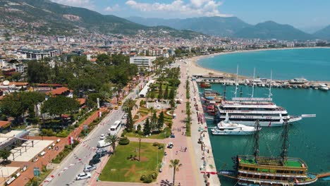 Awesome-aerial-view-of-tourist-ships-in-Alanya-Marina,-Turkey