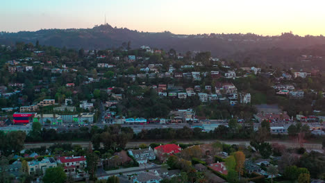 Aerial:-view-on-the-mountains-in-Los-Angeles,-Hollywood-area,-suburbs-California,-USA