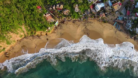 Aerial-Drone-Fly-Above-Mazunte-White-Sand-Beach-Mermeijta-Rinconcito-Mexican-Sea