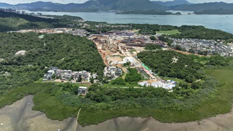4K-Aerial-view-of-construction-site-while-Civil-Foundation-Work-in-Sai-Kung,-Hong-Kong