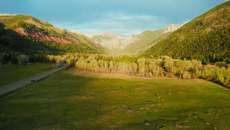 Aerial-Drone-Footage-Flying-Over-Beautiful-Lush-Green-Rocky-Mountain-Alpine-Forest-Valley-Showing-Deer-Grazing-On-Wide-Open-Grass-Field-During-Beautiful-Warm-Golden-Sunset-In-Telluride-Colorado-USA
