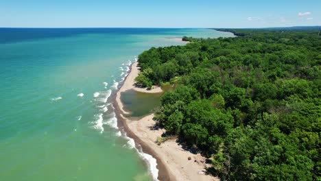 Spectacular-Aerial-drone-video-footage-of-beautiful-Lake-Erie-during-summer-on-a-sunny-day