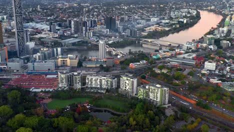 Aerial-Panoramic-View-Of-Roma-Street-Parkland-And-The-Railway-Station-In-Brisbane-Central-Business-District,-Queensland,-Australia