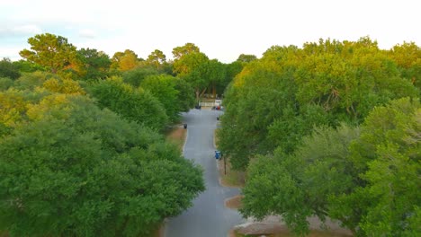 Flying-between-trees-in-a-rural-Texas-neighborhood-|-Aerial-fly-by-shot-|-Evening-time-lighting