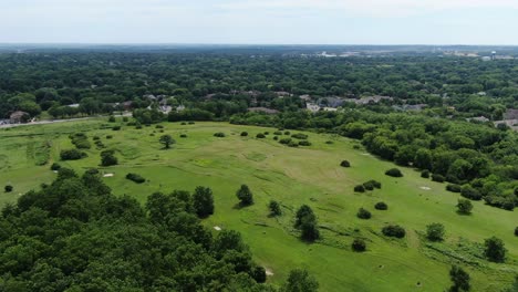 Luftaufnahme-Eines-Dollys-über-Einer-Wunderschönen-Grünen-Ländlichen-Landschaft-An-Einem-Bewölkten-Tag,-Panoramablick