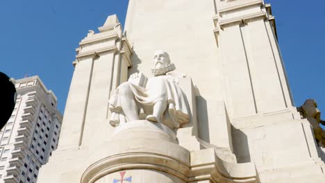 Miguel-De-Cervantes-Skulptur-Sitzt-Tagsüber-Auf-Einem-Steinmonument-Auf-Der-Plaza-De-España,-Madrid