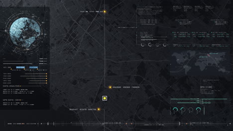 Futuristic-digital-city-map-layout-with-satellite-GPS-coordinate-searching-and-target-tracking,-interface-head-up-display-screen-with-data-telemetry-information-for-background-display