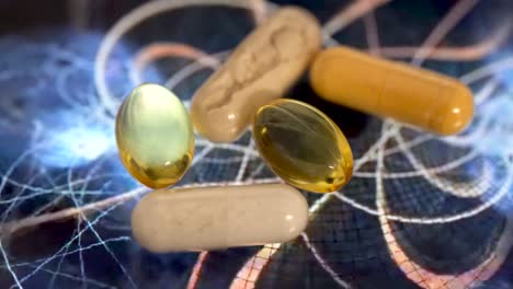 Close-up-shot-variety-of-medical-pills-and-tablets-on-a-graphic-animated-background