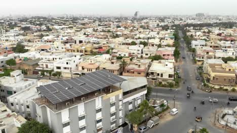 Aerial-View-Of-Residential-Apartment-With-Solar-Panels-On-Roof-In-Karachi