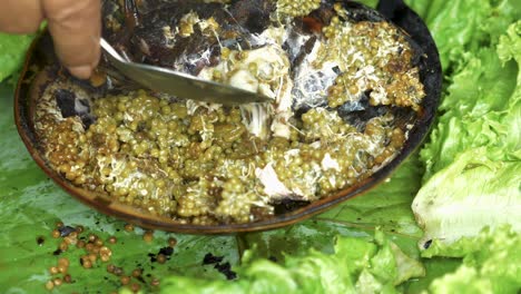 Eating-freshly-cooked-horseshoe-crab-caviars-from-shell,-close-up