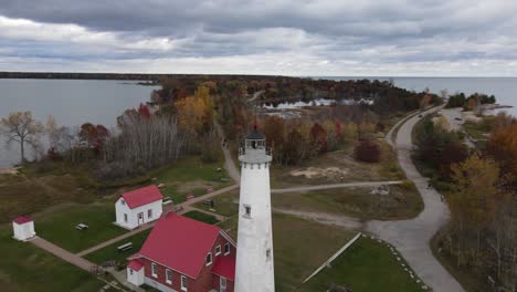 4K-drone-video-Tawas-Point-Lighthouse-in-Tawas,-Michigan-during-the-fall