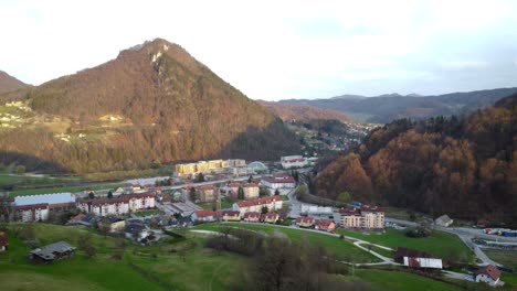 Thermal-Spa-Resort-Town-Laško-in-Slovenia,-Aerial-Dolly