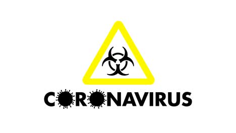 Biohazard-symbol-in-a-yellow-triangle-over-the-Corona-virus-cells-spinning-in-a-white-background,-Covid-19-particles-2D-animations