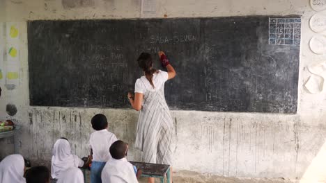 White-caucasian-teacher-writing-on-the-blackboard-numbers-teaching-black-African-children