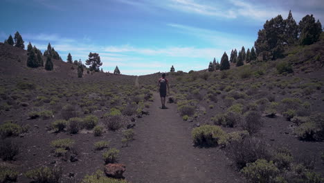 Back-view-of-european-young-man-red-shirt-and-grey-backpack-in-volcanic-landscape-follow-the-path-in-La-Palma,-ruta-de-los-volcanes-in-Canary-islands