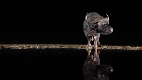Side-lit-Cape-Buffalo-stands-at-watering-hole-in-blackness-of-night