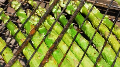 Fresh-green-asparagus-grilling-on-wood-burning-bbq,-close-up-view