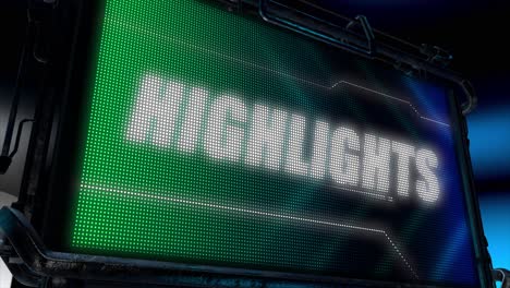 3D-animated-motion-graphics-design-of-a-hi-tech-screen-flashing-a-lightboard-style-sports-title-card,-in-classic-blue-and-green-color-scheme,-with-animated-chevrons-and-the-bold-Highlights-caption