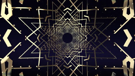 Goldener-Abstrakter-Hintergrund,-Schöner-Abstrakter-Symmetrie-Kaleidoskop-Stil,-Fließende-Goldene-Linien,-Maurischer-Sternentunnel-Stil