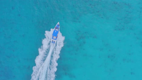 Aerial-birds-eye-shot-showing-luxury-speedboat-cruising-over-turquoise-ocean-water-during-sunlight