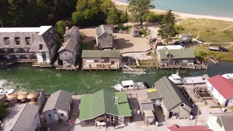 Historic-Fishtown-In-Leland-Michigan---aerial-drone-shot