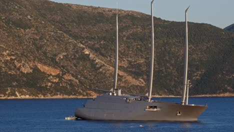 Luxurious-Motorized-Super-Sailing-Yacht-A-Anchored-In-Kefalonia-Greece---aerial-shot