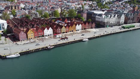 Bryggen-Bergen---Unesco-world-heritage-and-famous-tourist-destination---Aerial-close-to-overview