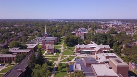 Forward-aerial-of-old-buildings,-lawns-and-trees-at-Hope-College,-MI