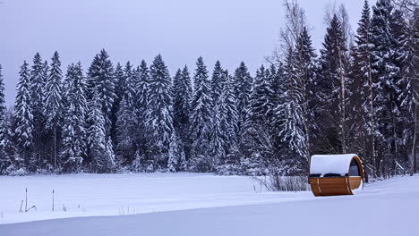 Barrel-sauna-in-middle-of-nowhere-during-cloudy-snowy-day,-pine-forest,-timelapse