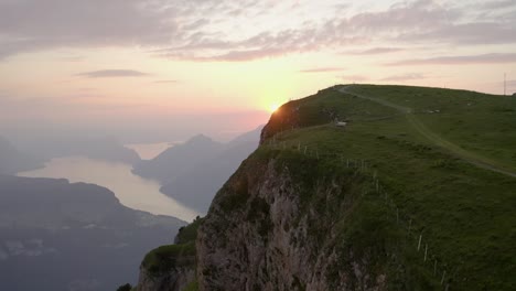 Aerial-ascending-to-Fronalpstock-and-a-beautiful-Sunset-near-Lucerne,-Switzerland