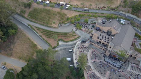 Aerial-view-of-people-at-the-mountain-winery-in-California---Static,-drone-shot