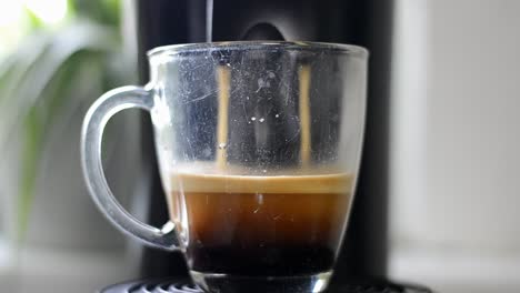 Time-lapse-of-freshly-brewed-coffee-running-into-a-glass-cup-in-front-of-a-bright-bokeh-background