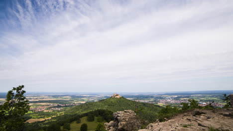 Timelapse-image-of-clouds-in-the-landscape,-with-Hohenzollern-Castle