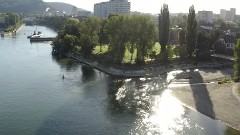 Aerial-showing-Birsköpfli,-Basel-on-a-sunny-beautiful-day-over-Rhine-river