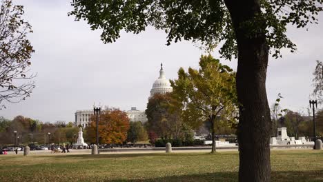 Beautiful-park-and-white-Capitol-building-in-background,-motion-shot