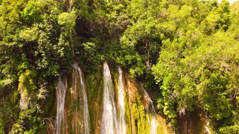Descending-close-up-drone-view-of-limon-waterfall,-Dominican-Republic