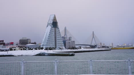 Aomori-City-Port,-Northern-Coast-of-Japan-in-Winter-Snowy-Scene