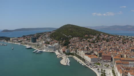 Aerial-View-Of-Split-City-In-The-Bright-Summer-Day-In-Croatia---drone-shot
