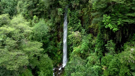 Static-view-of-a-waterfall-hidden-among-trees-in-the-Cochamo-Valley,-Chile