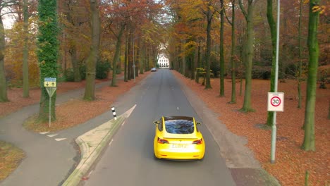 Drone-following-yellow-fancy-electric-sports-car-driving-down-road-in-woodlands