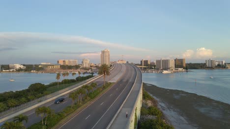 bridge-over-the-ocean-in-Clearwater-beach-island,-Florida-during-sunset