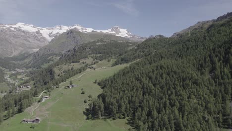 Video-Mit-Einer-Drohne,-Die-über-Ein-Tal-In-Den-Alpen-Vorrückt,-Mit-Schneebedeckten-Bergen-Am-Horizont
