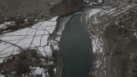Top-Down-View-Of-Karakoram-Highway-Near-Khunjerab-Pass,-Hunza-Valley,-Pakistan---drone-static-shot