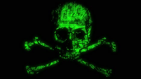 Alarmierendes-Animiertes-Cyber-Hacking-Totenkopf-Symbol-Mit-Gekreuzten-Knochen-Und-Animierter-Leiterplattentextur-In-Grüner-Farbgebung-Auf-Schwarzem-Hintergrund