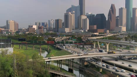 Aerial-of-cars-on-45-North-freeway-near-downtown-Houston