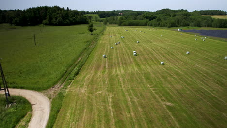 Bales-of-hay-on-green-agricultural-field-after-harvest-season-in-summer-aerial